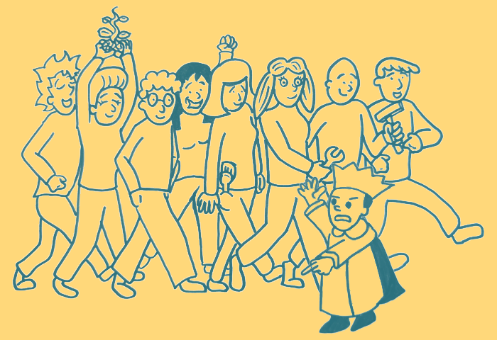 Acht Menschen, vier davon weiblich ausschauend, vier davon männlich ausschauend, laufen als Gruppe von links nach rechts, augenscheinlich zufrieden und fröhlich. Sie ignorieren dabei die kleine Figur im Vordergrund, die einen König (mit Krone) darstellt, der die Gruppe anschaut und zeternd mit seinem Finger in die andere Richtung weist.